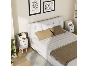 Lot de 2 tables de chevet blanches à 2 tiroirs, finition cannelée, bandeau led 3 couleurs, station de charge eu, rangement ouvert, pieds en bois, table d’appoint multifonction