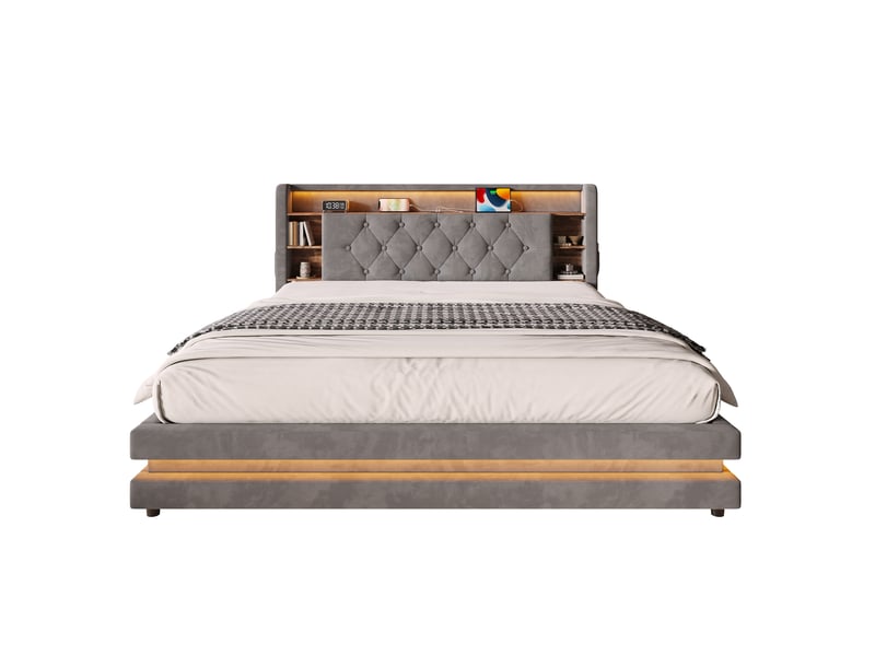  Lit coffre rembourré 160 x 200 cm, rangement hydraulique, tête de lit avec étagères, led, 2 usbtype-c, sommier à lattes, velours, gris foncé Seren Glow - Conforama A