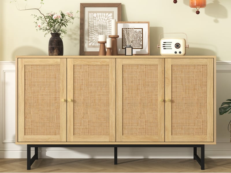  Buffet en rotin, 140 x 39,5 x 80 cm, buffet cuisine avec 4 portes, vaisselier, meuble de rangement  - Conforama B