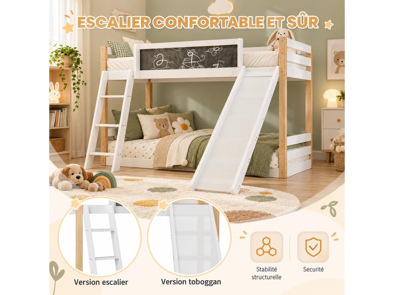 Lit superposé enfant 90x200 cm bois et panneaux, avec toboggan, escalier et barrières de sécurité, sans matelas - Conforama D