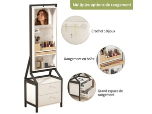 Armoire à bijoux pivotante à 360° avec grand miroir sur pied – Meuble psyché de rangement avec 2 tiroirs et étagères arrière pour maquillage et accessoires – Blanc