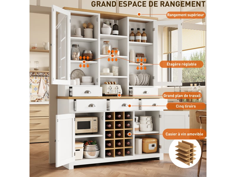  Buffet de cuisine haut 120 x 40 x 185 cm, porte vitrée, 5 tiroirs, étagère réglable, casier à vin amovible, anti-basculement, blanc  - Conforama D