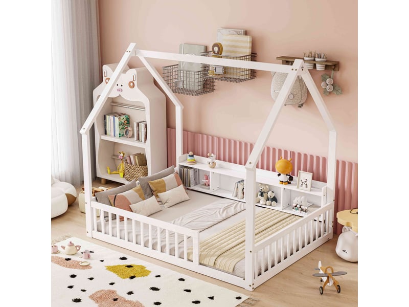  Lit au sol enfant 140x200 cm en bois en forme de maison avec 4 niches, barrières de sécurité et ouverture d'accès - blanc  - Conforama B
