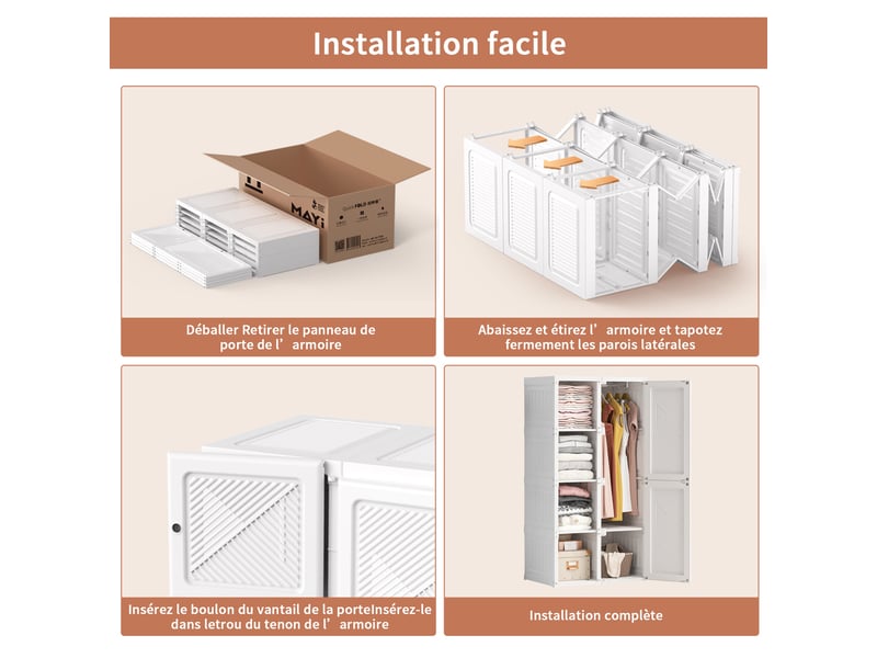  Armoire pliante portable - 69x50x136cm - garde-robe en pp sans montage avec 6 portes, 5 nichet &amp; tringle penderie - blanc  - Conforama D