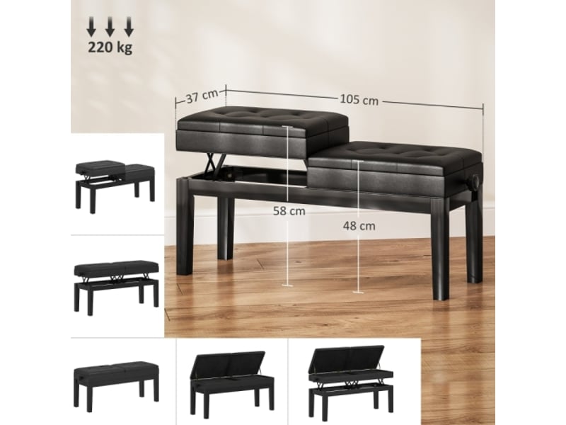  Banquette de piano réglable en hauteur avec rangement, similicuir noir, 220 kg, 105 x 37 x 48-58 cm  - Conforama C