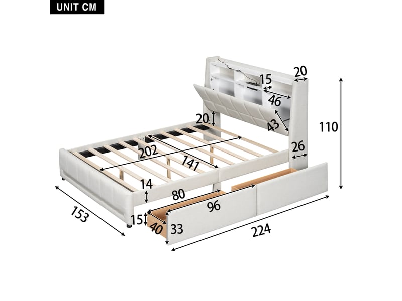  Lit coffre 140x200 cm lin beige – rangements, led intégrée, ports usb et télécommande  - Conforama C