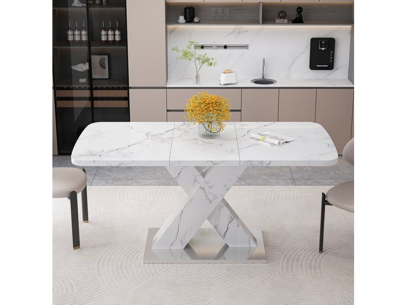  Table à manger rectangulaire extensible – plateau effet marbre blanc – 120 à 160 x 80 x 76,5 cm  - Conforama C