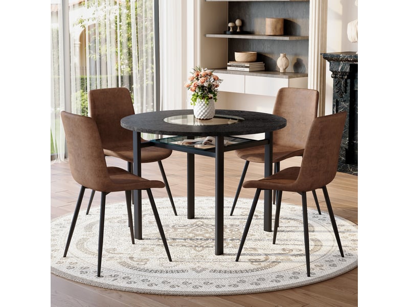  Ensemble table à manger ronde 100 cm avec 4 chaises en tissu marron et métal noir  - Conforama D