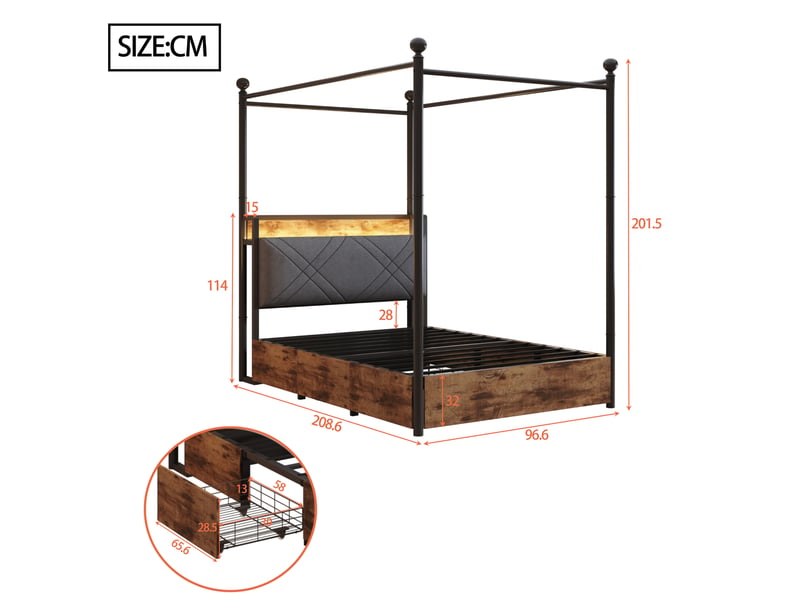  Lit baldaquin 90x190 cm, lit modulable, tiroirs sur roulettes, éclairage led, dossier doux, mdf, noir, sans matelas  - Conforama C