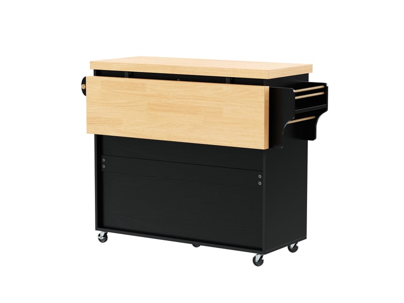  Îlot de cuisine sur roulettes noir avec table à manger extensible, chariot de cuisine avec support pour verres à vin et rangement  - Conforama R
