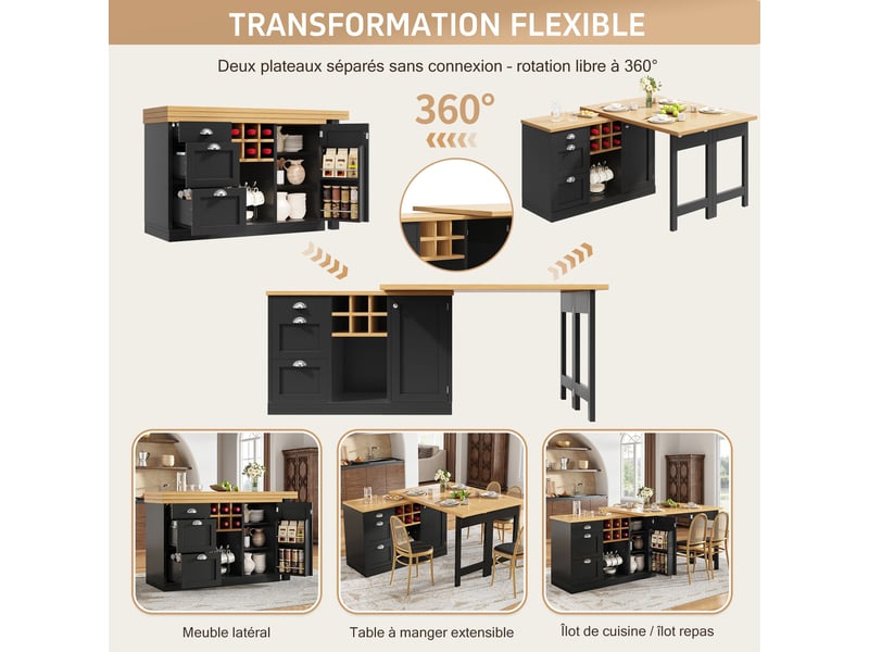 Îlot de cuisine extensible noir,avec 3 tiroirs et table à manger,rotation 360°, casier à vin, pliable, solide,mdf et métal,120x40x74cm - Conforama D