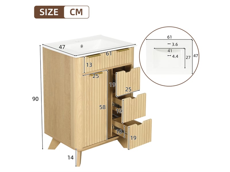  Meuble sous vasque 61x47x90 cm avec lavabo en céramique, 3 tiroirs et porte coulissante  - Conforama C