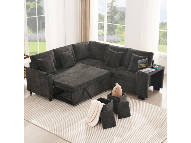 Canapé d'angle convertible modenvie 5 places 220 x 205 cm avec rangement usb usb-c chenille gris - Conforama E
