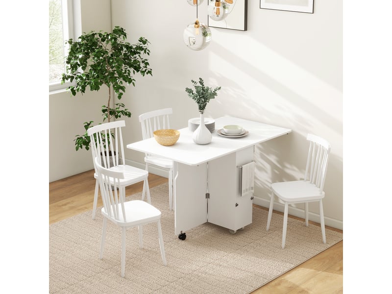  Table pliante à abattants avec étagères à 3 niveaux, coffre de rangement et roulettes, mdf, 130 x 80 x 76,5 cm, blanche  - Conforama C
