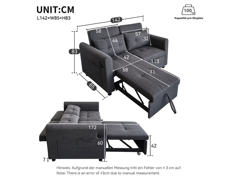 Canapé convertible 3-en-1 2 places avec dossier réglable, canapé-lit avec port usb, poches aux accoudoirs, coussins, salon, chambre, appartement Seren Glow - Conforama C
