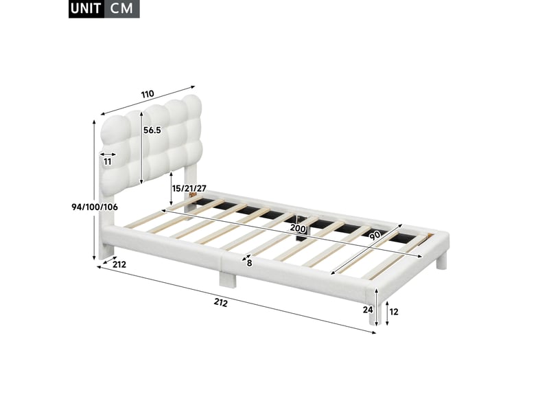  Lit 90x200 cm, tête de lit réglable 3 positions, mdf, blanc sans matelas  - Conforama C