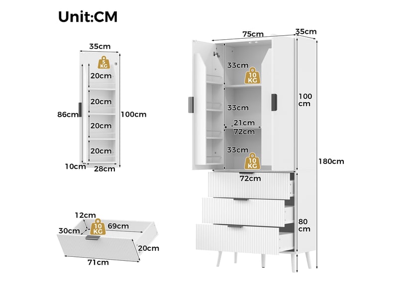  Buffet de cuisine 75x35x180 cm, 2 portes et 3 tiroirs, blanc  - Conforama C