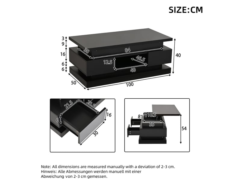 Table basse relevable 100x50x40 cm avec led et 2 tiroirs en panneaux de particules noir  - Conforama E