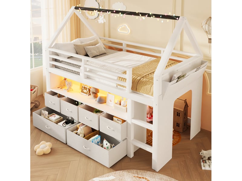  Lit mezzanine enfant 90x200 cm blanc mdf et pin, 6 tiroirs tissu, rideau latéral et led  - Conforama B