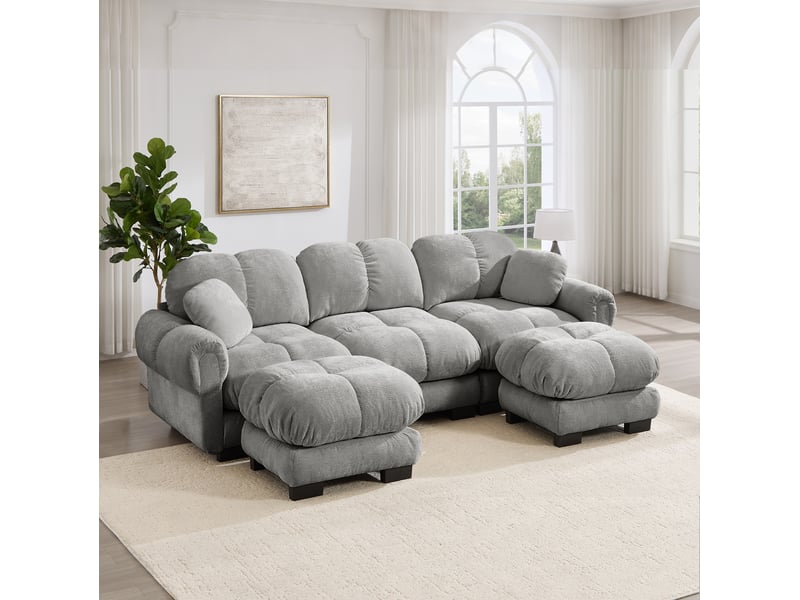 Canapé d'angle u 3 places style cloud en tissu gris clair, avec ottomane mobile et 2 coussins pour salon  - Conforama E