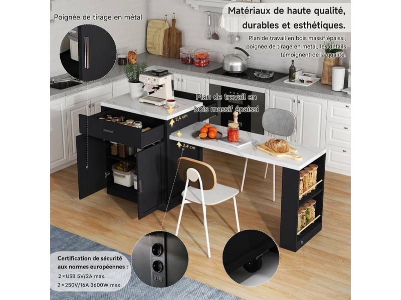  Îlot de cuisine avec table extensible, noir effet marbre, 211cm  - Conforama C