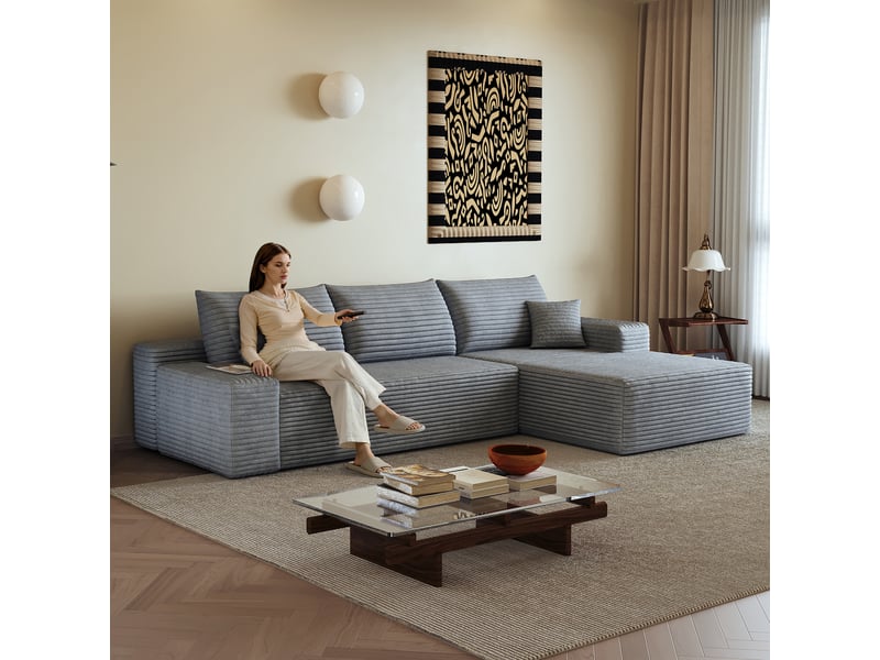 Canapé d'angle gris modulable 270 cm avec méridienne, assise profonde, sans montage pour salon moderne - Conforama E