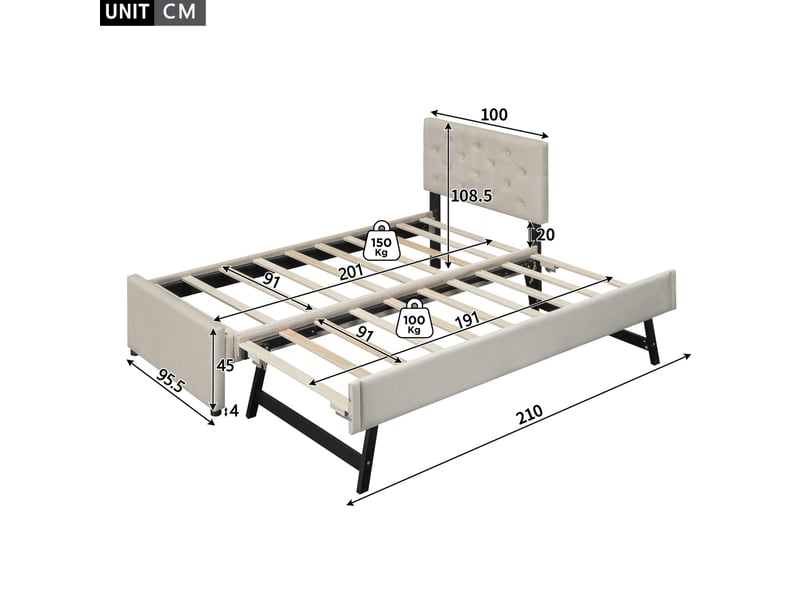  Lit gigogne 90x200 cm avec sommier à lattes et tête de lit capitonnée  - Conforama E