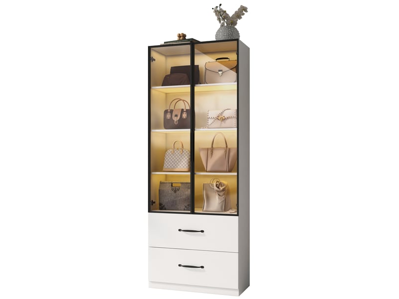  Vitrine led 60×40×160 cm - vitre de verre, bibliothèque et meuble multifonction avec éclairage et tiroirs, cadre aluminium, portes en verre trempé, charnières à fermeture douce, led multicolores  - Conforama A