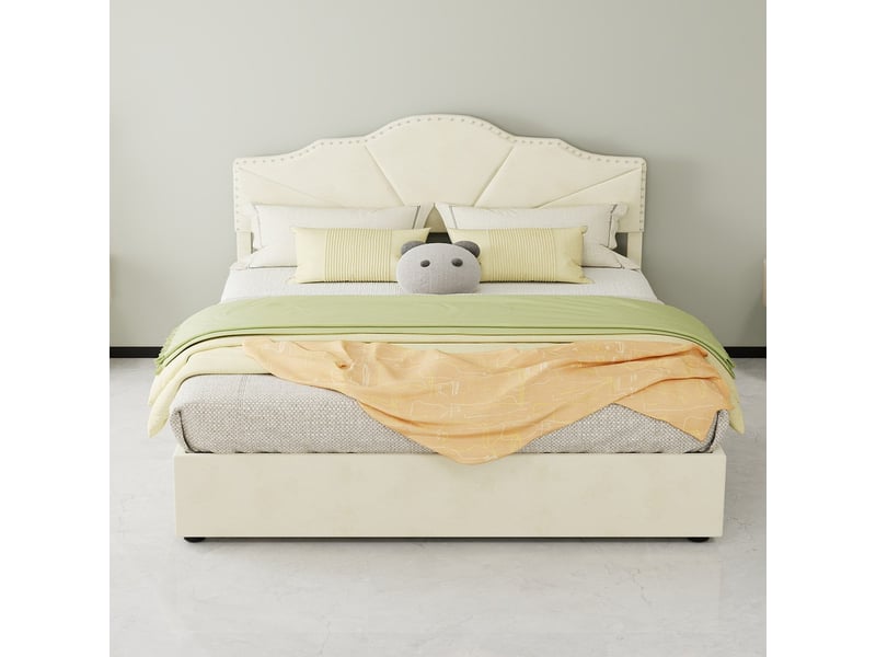  Lit coffre haut avec tête de lit rembourrée beige 160x200cm inclut matelas 160x200cm vérin pneumatique design moderne  - Conforama D