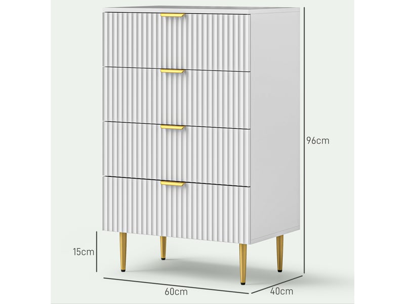  Commode 4 tiroirs commode chambre meuble de rangement moderne avec poignées et pieds dorés, blanc, dim. 60 x 40 x 96 cm  - Conforama C
