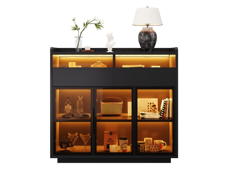  Vitrine noire à led multicolore avec verre de sécurité teinté, 2 tiroirs, en mdf, 100 × 40 × 91,5 cm, pour salon  - Conforama A