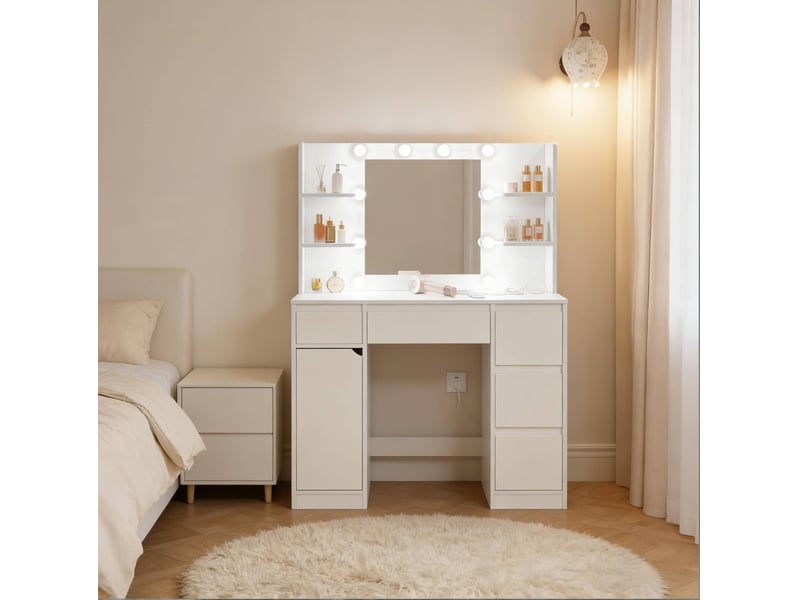  Coiffeuse tcqpz avec miroir led 110 x 40 x 140 cm rangement blanc  - Conforama B