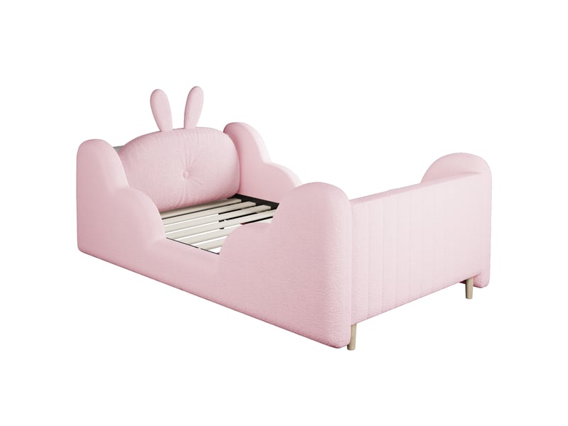  Lit enfant 90x200 cm rose en tissu bouclette, tête lapin, bordures nuages, sommier à lattes inclus, chambre d’enfant, chambre enfant moderne  - Conforama C