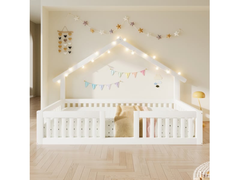  Lit enfant 90x200 cm avec barrière de sécurité et led en bois blanc  - Conforama C
