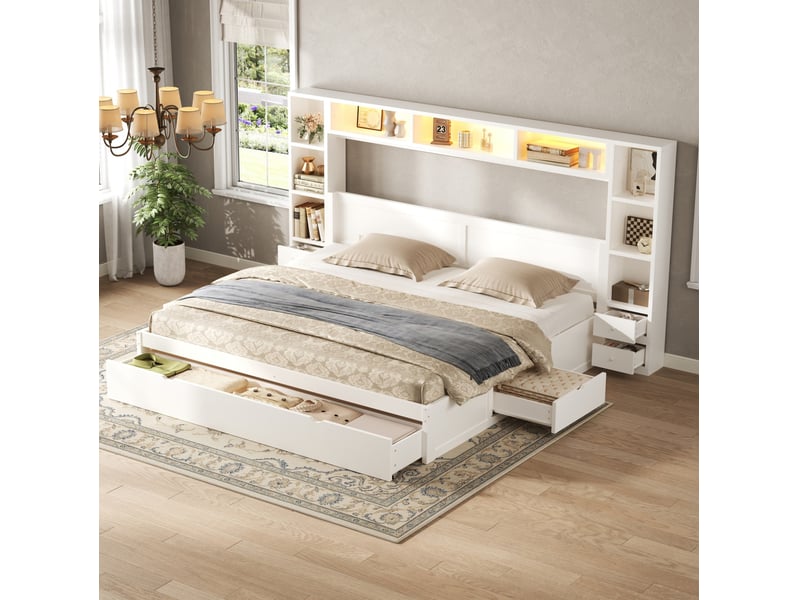  Lit plateforme modenvie 180 x 200 cm avec rangement, 7 tiroirs et led blanc  - Conforama D