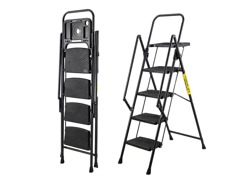  Escabeau 4 marches acier pliant avec rampe et plateau porte-outils amovible, charge 150 kg, noir  - Conforama A