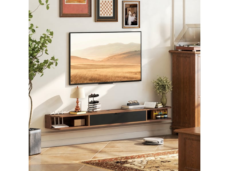 Meuble tv suspendu jusqu'à 75 pouces, abattant, 2 étagères ouvertes, finition noyer, 180 x 24 x 16 cm  - Conforama B