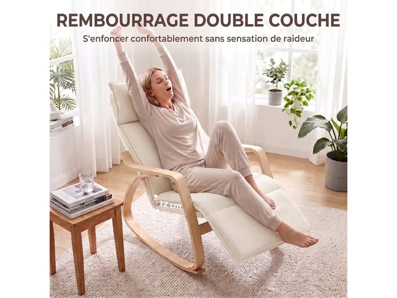  Fauteuil à bascule blanc crème avec repose-pieds réglable 5 positions et revêtement aspect lin  - Conforama E