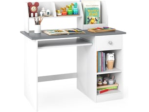 3 en 1 bureau enfant avec rangement, avec 1 tiroir 2 étagères, table enfant en bois avec plateau à clavier, 90x45x90cm (gris)