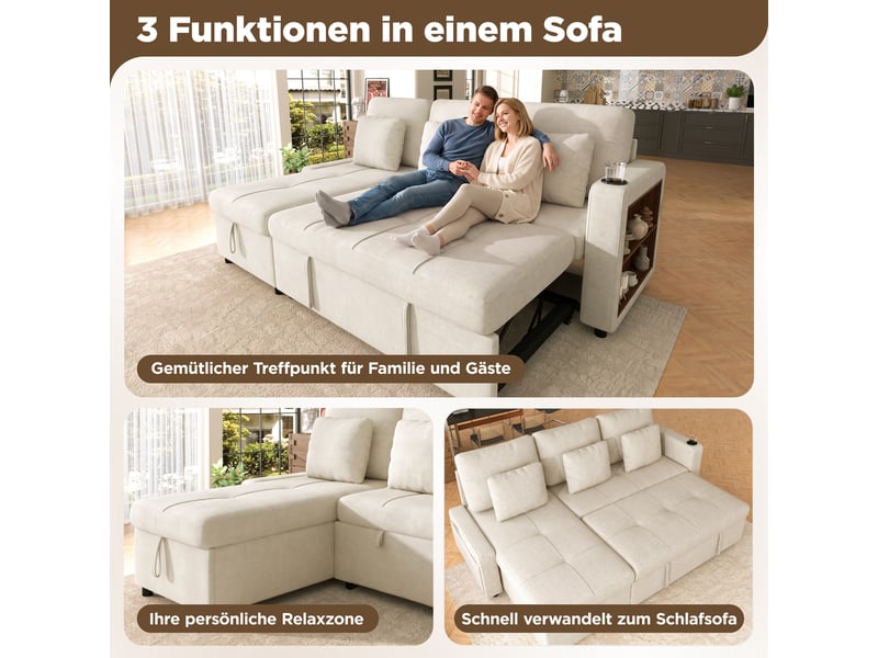  Canapé 4 places en velours côtelé blanc crème, avec pouf mobile, configurable en l, pieds en métal, 250 cm  - Conforama E
