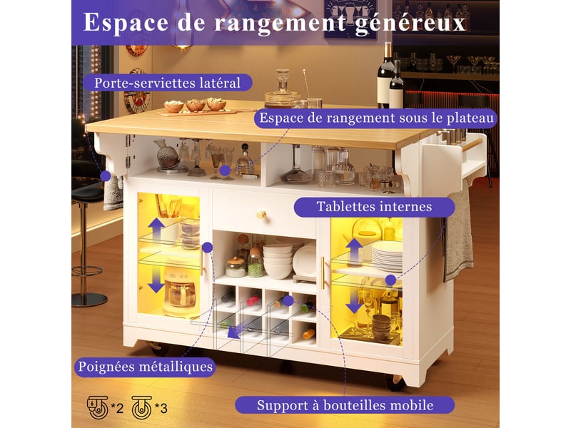  Îlot de cuisine 120 x 4080 x 95 cm, led rgb, plateau rabattable, buffet roulant, 2 portes 1 tiroir, casier à vin, blanc  - Conforama D