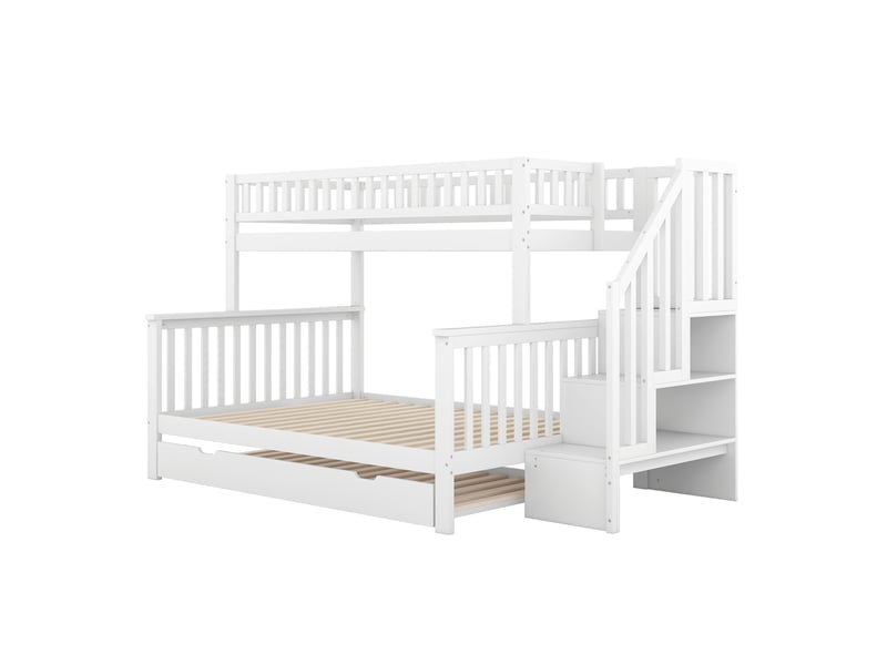  Lit superposé 90x200 cm + 140x200 cm avec lit gigogne et escalier, bois, blanc, sans matelas  - Conforama D