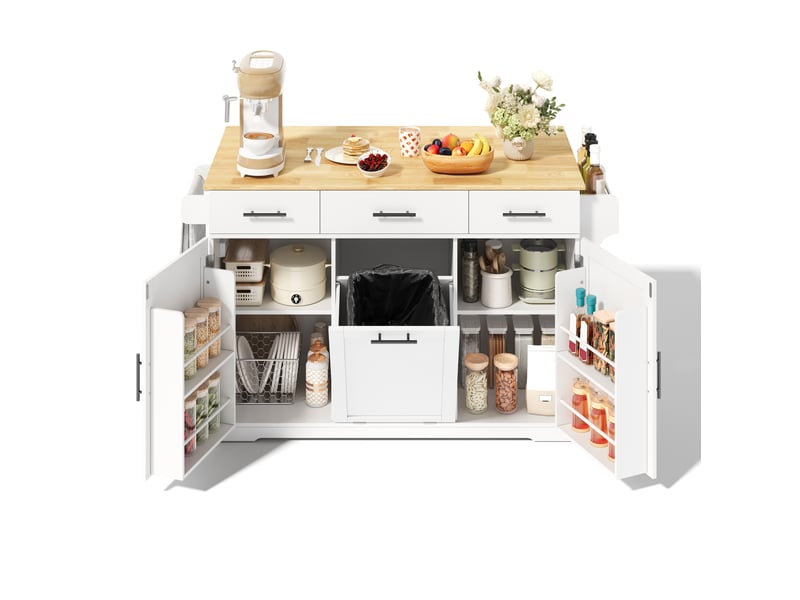 Desserte de cuisine avec 3 tiroirs, 2 portes, poubelle intégrée et prises usb, pour cuisine, mdf blanc et bois naturel - Conforama A