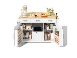 Desserte de cuisine avec 3 tiroirs, 2 portes, poubelle intégrée et prises usb, pour cuisine, mdf blanc et bois naturel