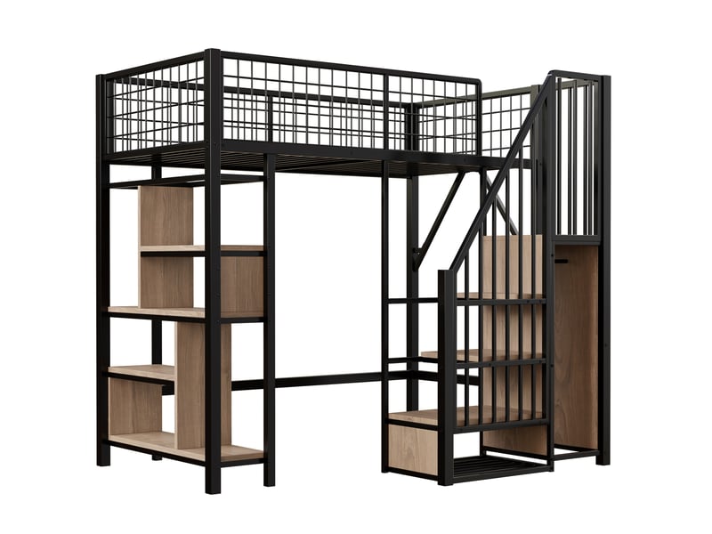 Lit mezzanine noir 90x200cm avec escalier rangement, bureau et étagères, confort durable, durable - fer et mdf - pour enfant ado  - Conforama D