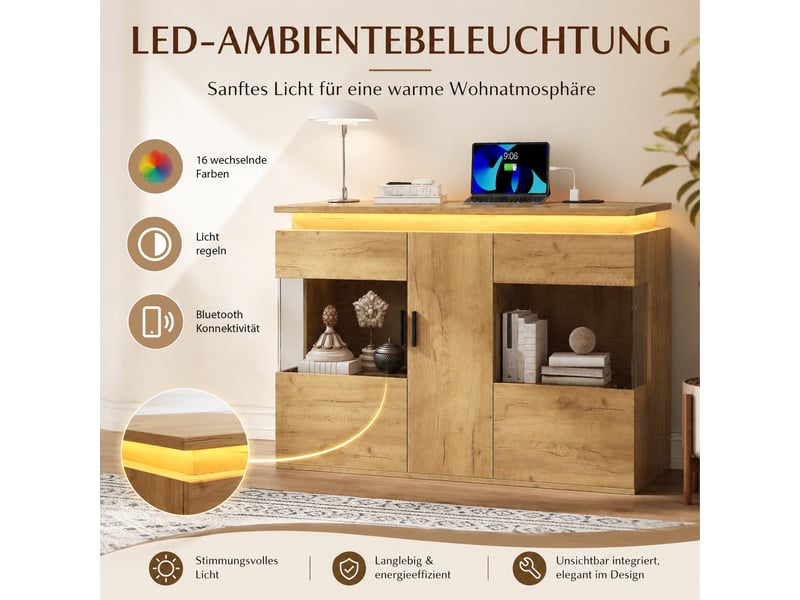  Buffet avec éclairage led et prises usb type-c portes en verre 120x40x79,5 cm  - Conforama D