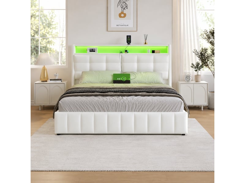  Lit rembourré 160 x 200 cm avec éclairage led 7 couleurs, port usb, espace de rangement et tête de lit réglable, blanc  - Conforama B
