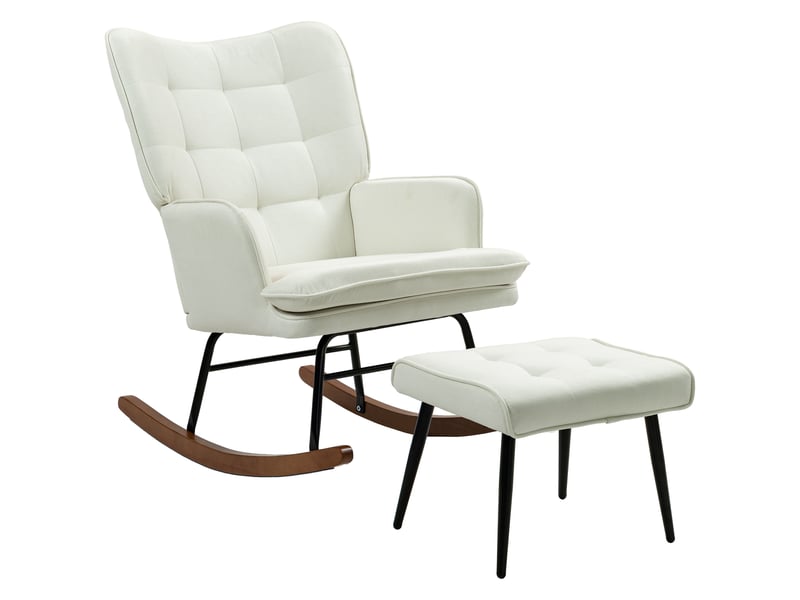  Fauteuil à bascule avec repose-pieds, mécanisme de bascule doux, imitation lin, 64 x 89 x 90 cm, blanc crème  - Conforama B