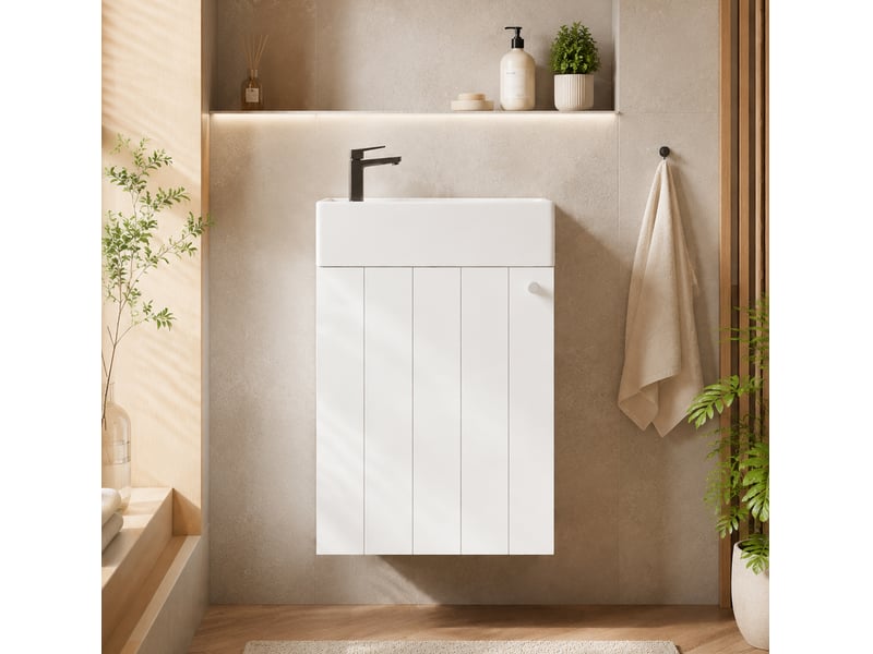  Meuble sous vasque suspendu blanc laqué 41x23x62.5 cm avec porte à fermeture douce  - Conforama E