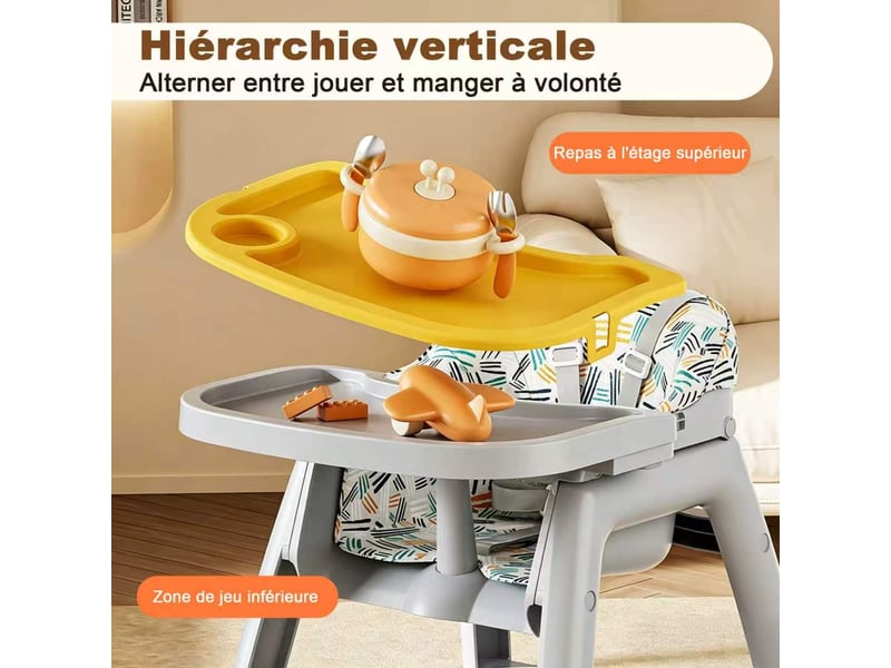  Chaise haute pour bébé - 58 x 59 x 78 cm-gris et multicolore - avec 3 plateaux amovibles, harnais de sécurité à 5 points et roulettes verrouillables  - Conforama E
